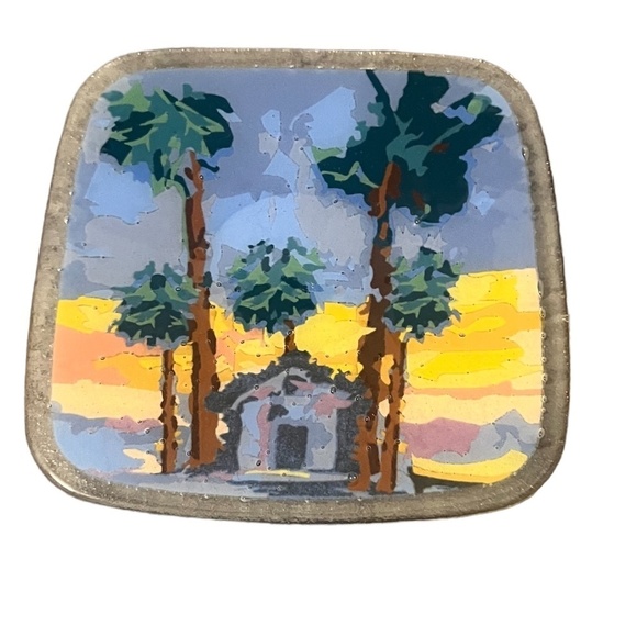 PEGGY KARR Fused Art Glass Square Plates Beach Hut Palm Trees 2009 Hawaii - Picture 3 of 5